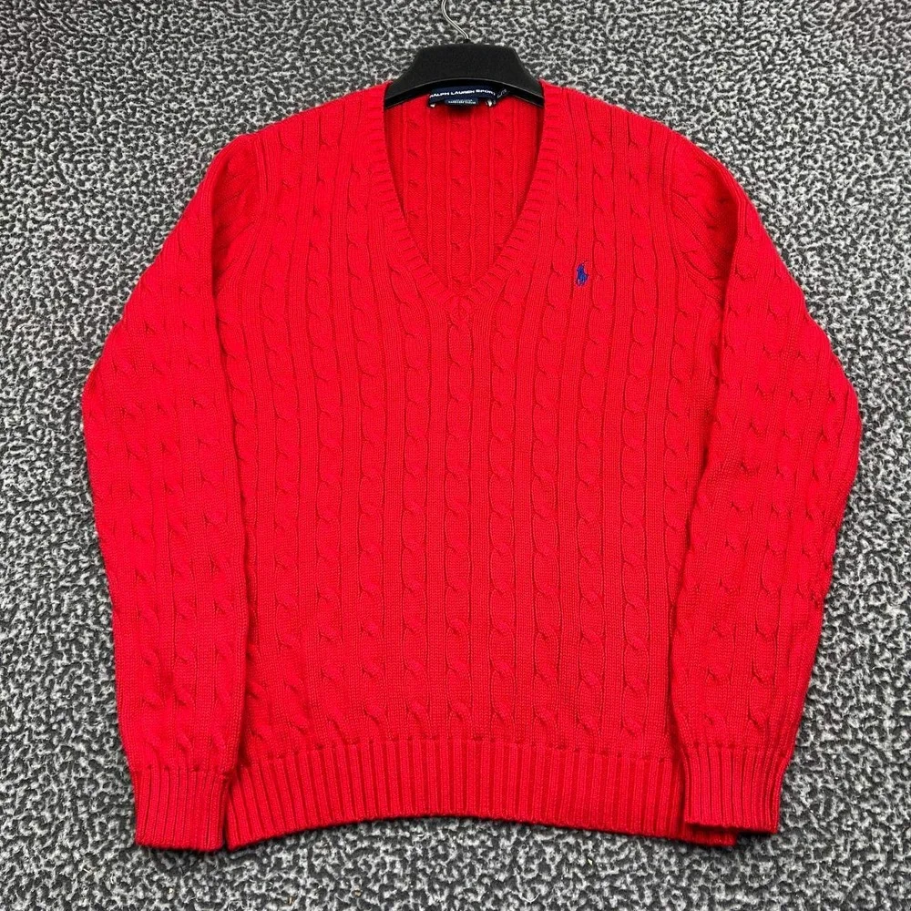 Ralph Lauren Sport Sweater Women XL Red Cable Knit V-Neck Cotton Long Sleeve
